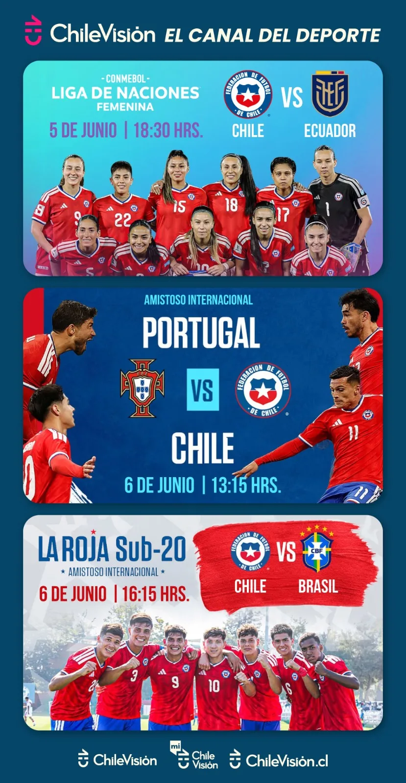 La Roja frente a Portugal, la Selección Femenina contra Ecuador y la Sub-20 ante Brasil marcan este fin de semana deportivo en Chilevisión
