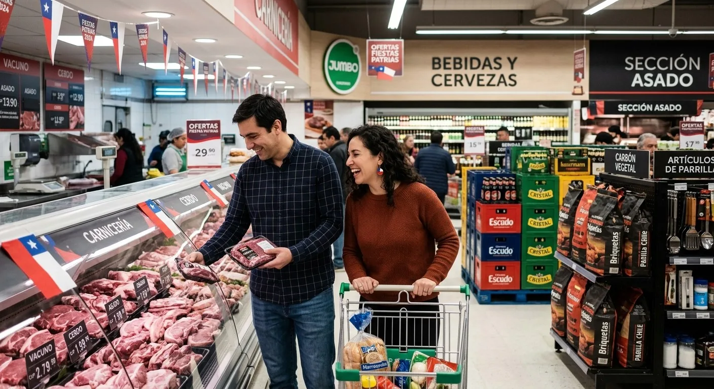 La previa de Fiestas Patrias dispara las compras de carne, carbón y cerveza y confirma que los chilenos arman su parrilla a última hora